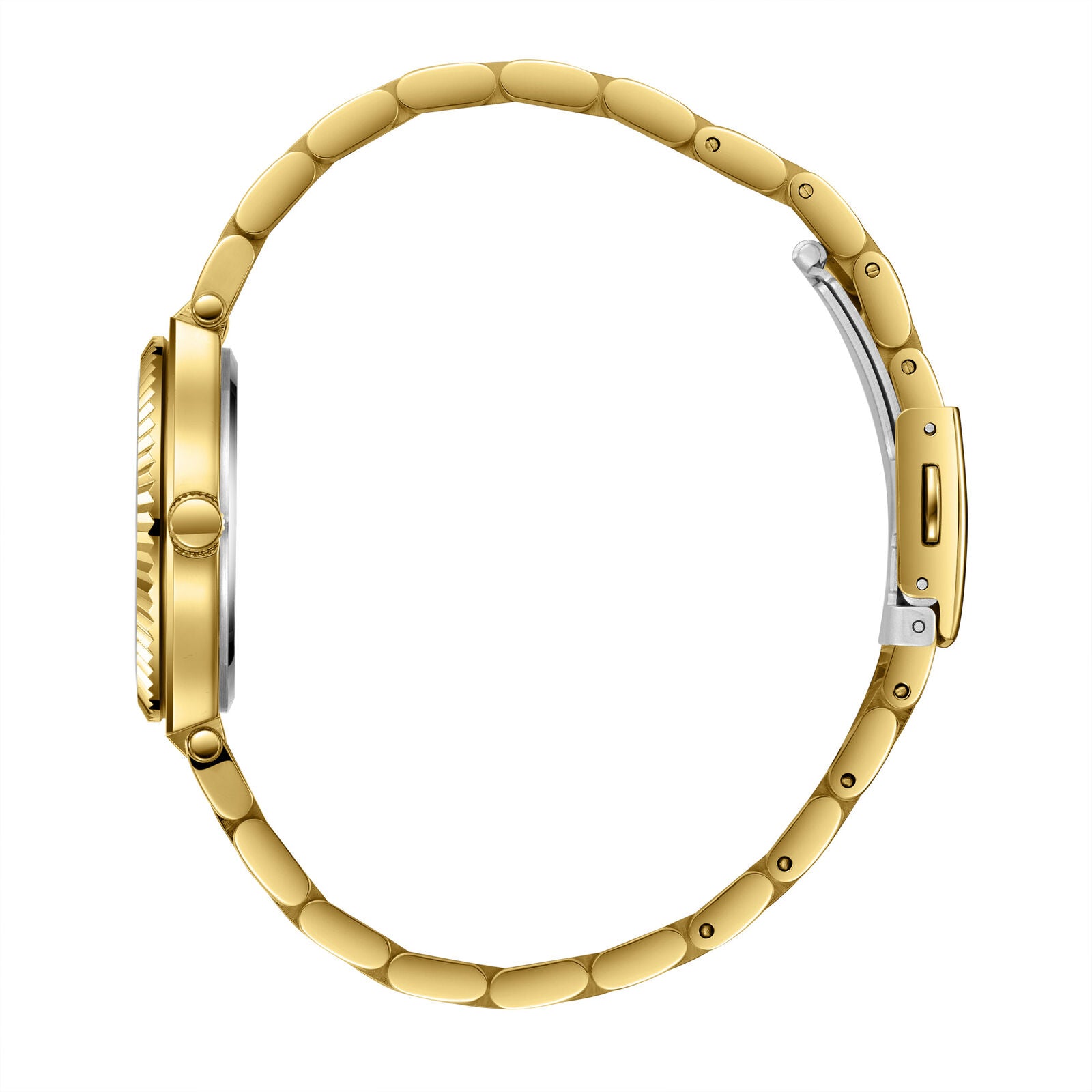 Side view of gold watch with fluted bezel and link bracelet