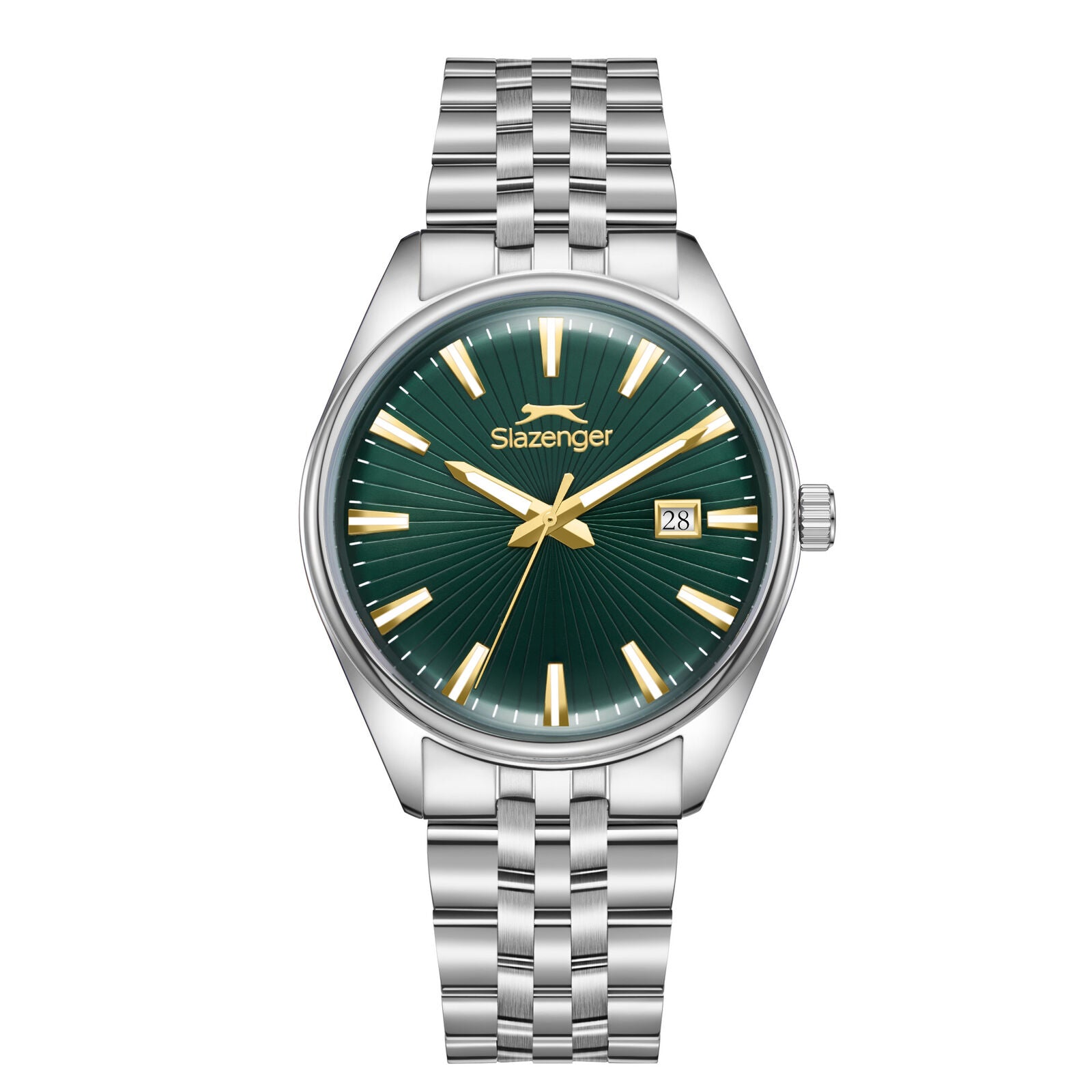 Slazenger Heritage watch with dark green dial, gold markers, date window, and silver bracelet
