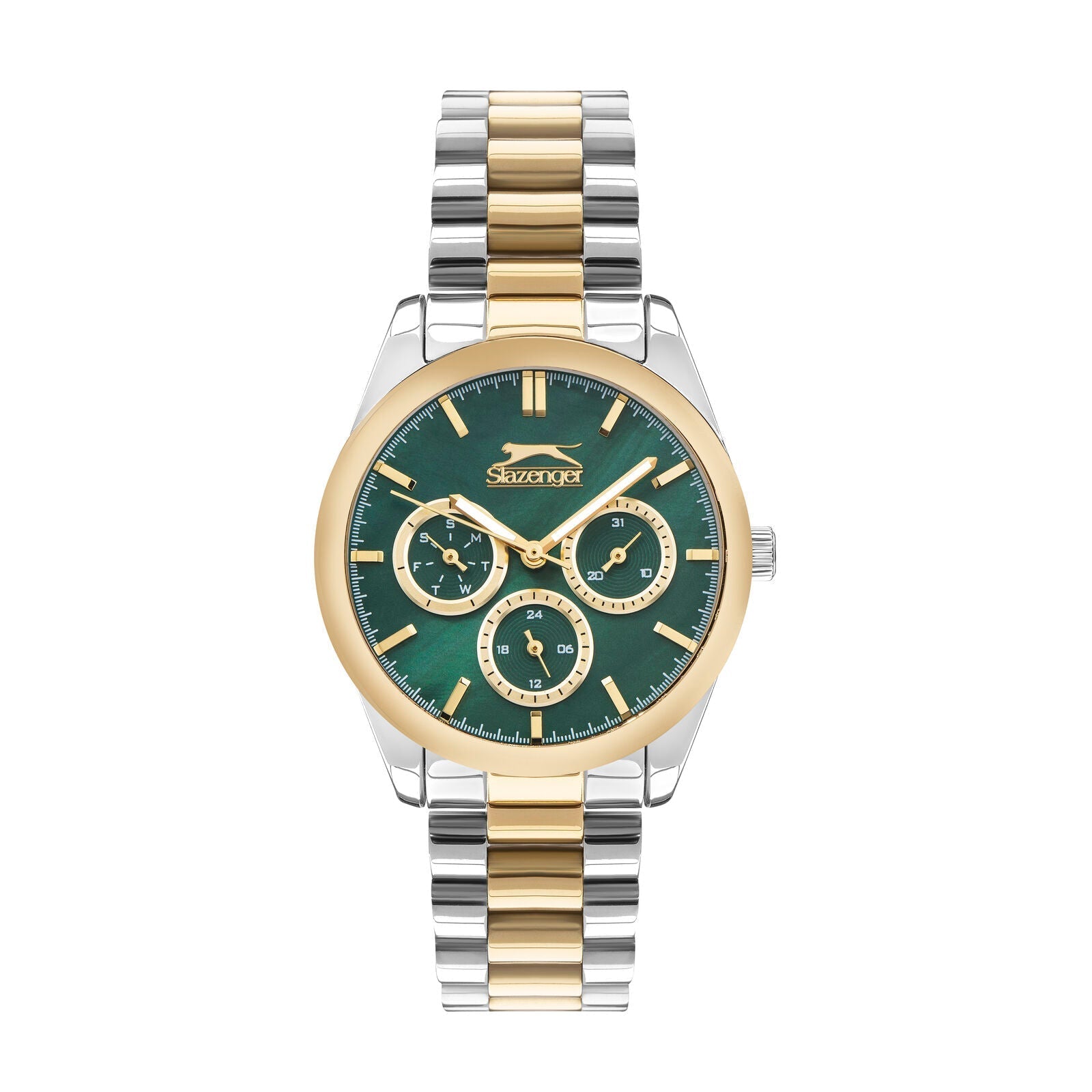Slazenger two-tone watch with green dial and multifunction subdials
