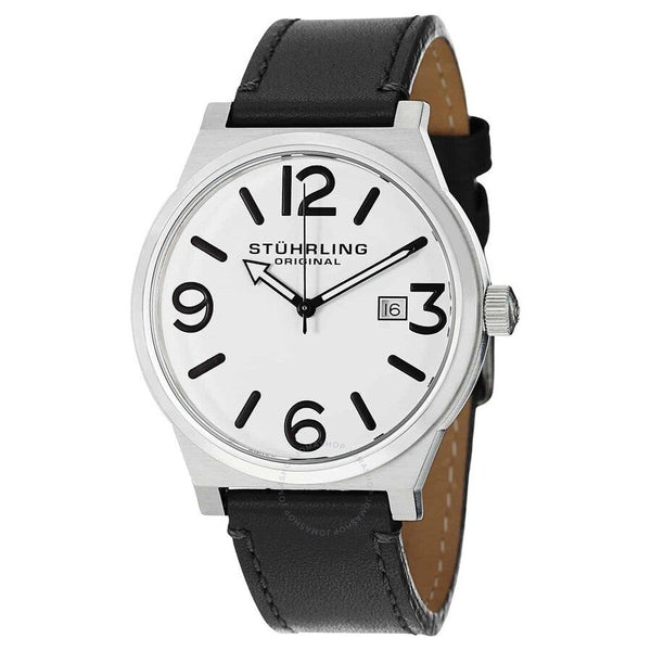 Stuhrling Original Aviator White Dial Black Leather Men's Watch M15278 - The Watches Men & Co