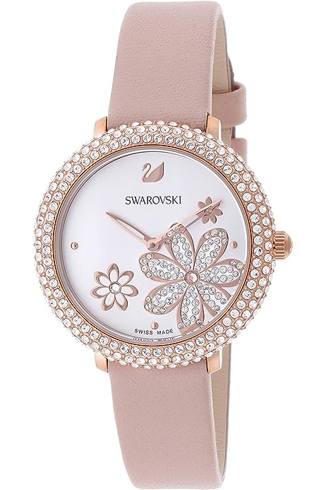 Swarovski Crystal Frost women's watch with white dial, crystal-studded bezel, floral design, and pink leather strap