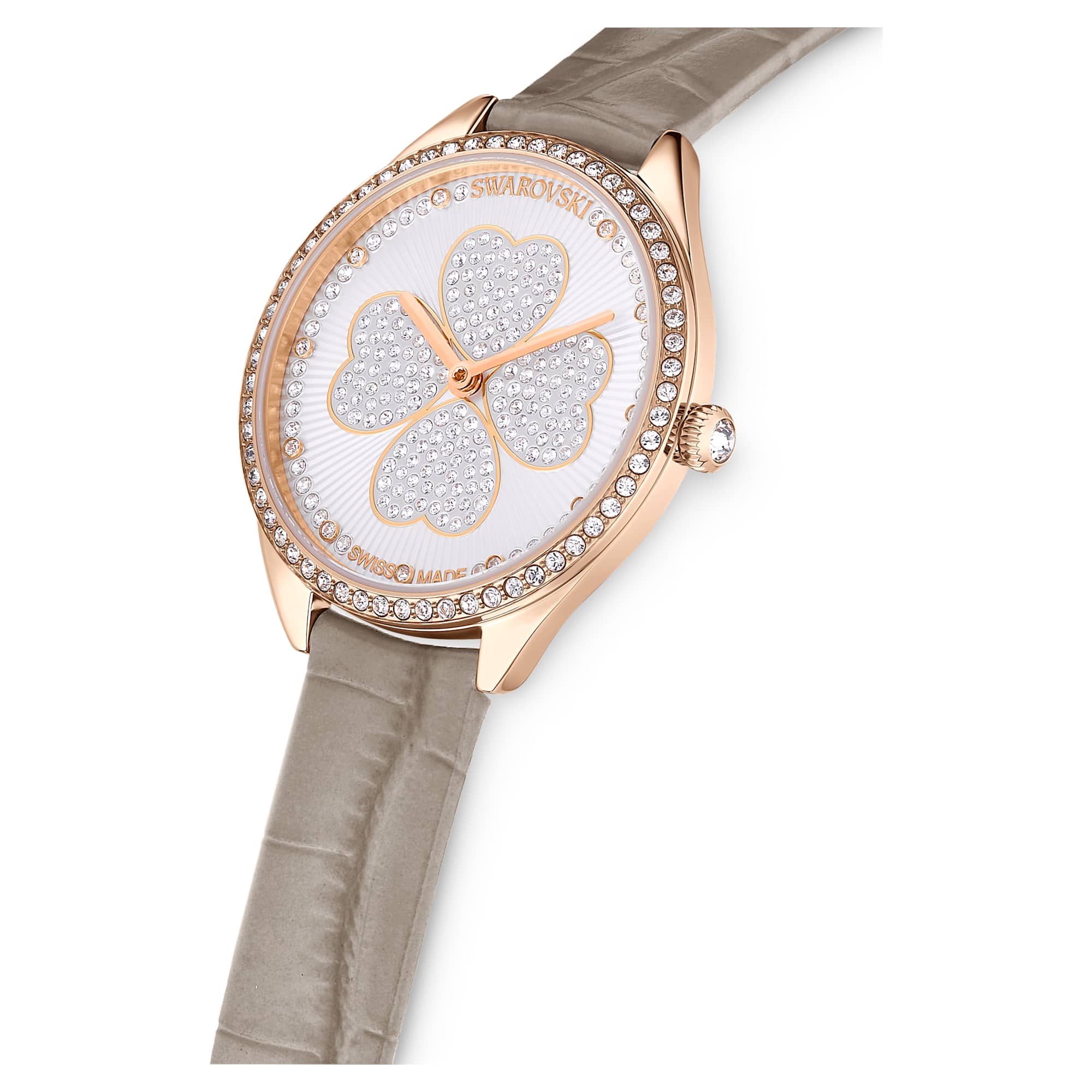Swarovski Attract Clover watch angled view showing crystal-set clover dial and grey leather strap