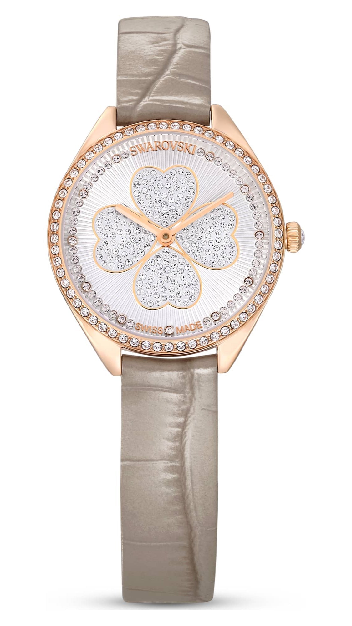 Swarovski Attract Clover watch with silver dial, rose gold case, crystal bezel, and grey leather strap