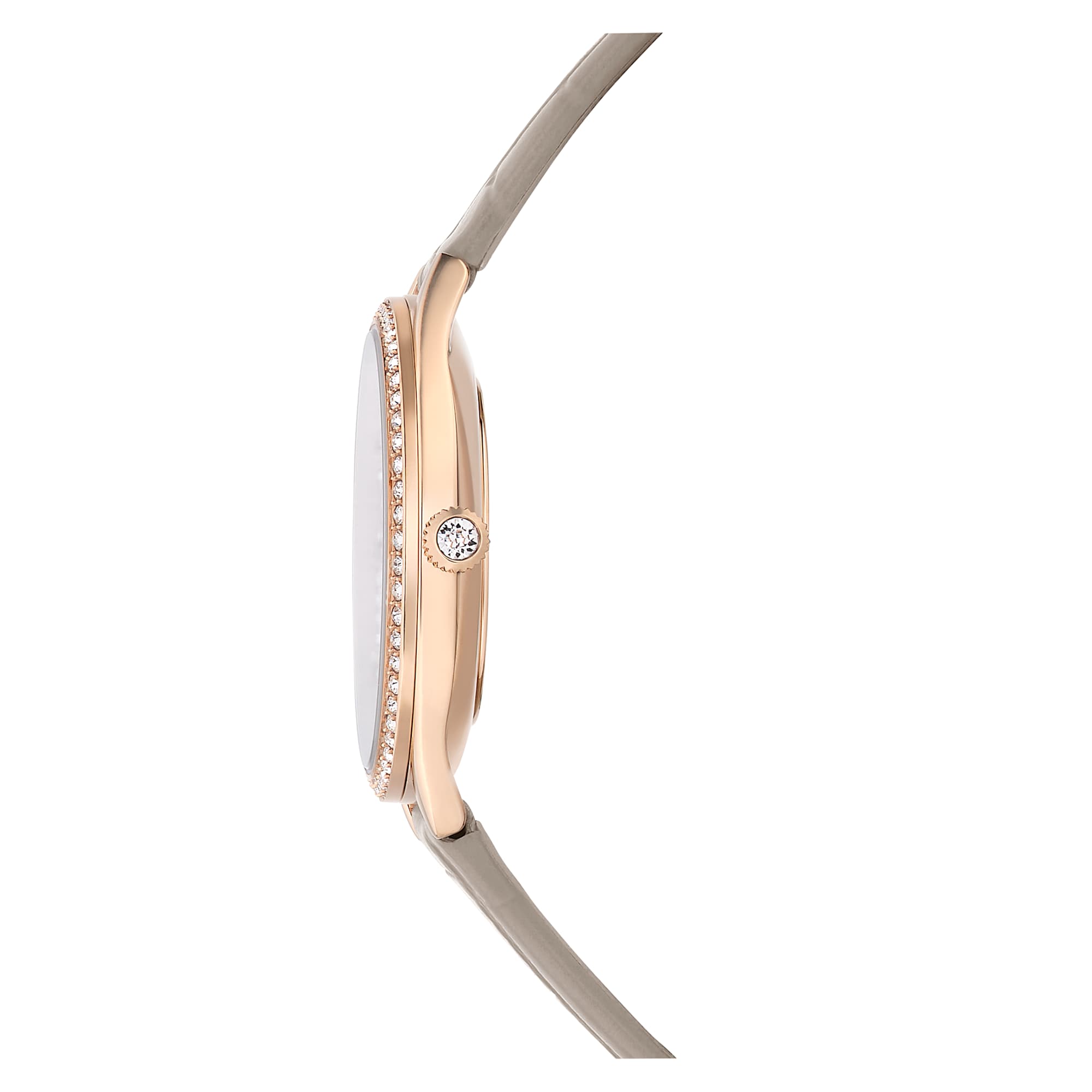 Swarovski Attract Clover watch side profile with crystal bezel and grey leather strap closure