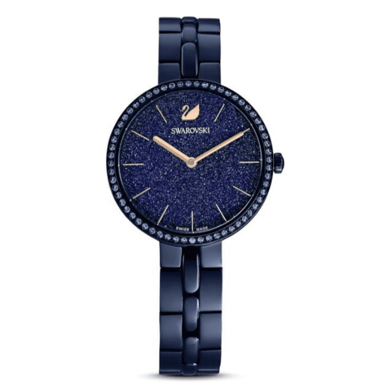 Swarovski Cosmopolitan watch with blue crystal-embellished dial and blue metal bracelet