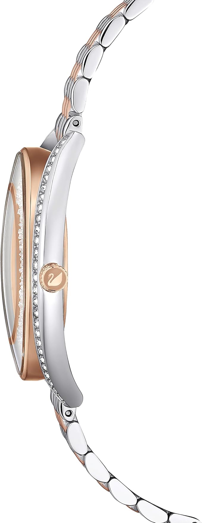 Side profile of Swarovski Crystalline Aura watch showing rose gold case and crystal detailing