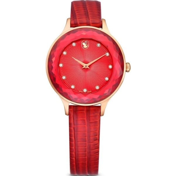Swarovski Crystalline Aura women's watch with red crystal dial, rose-gold case, and red leather strap