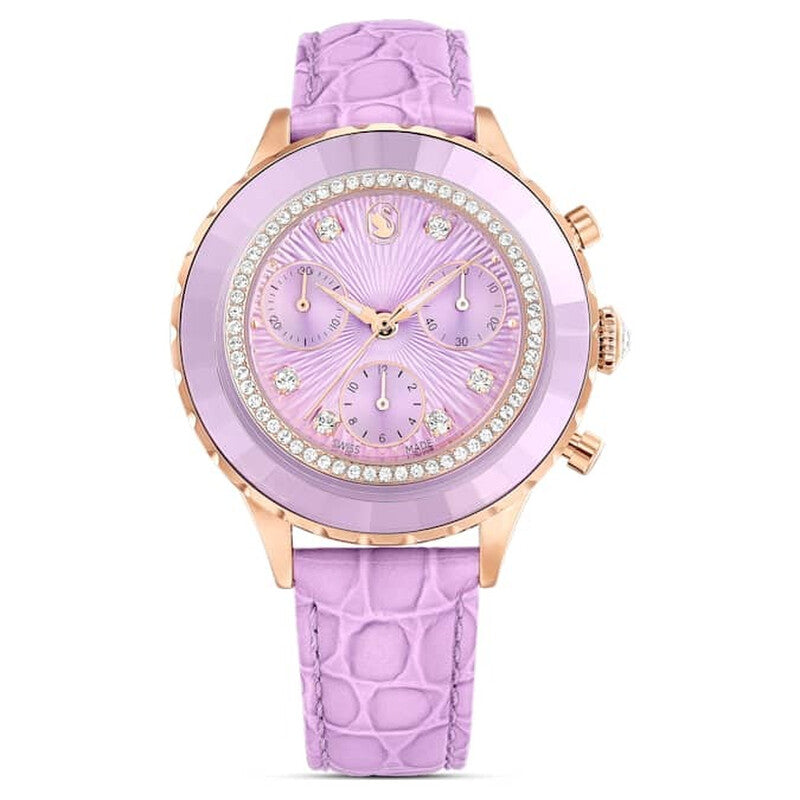 Purple dial Swarovski Crystalline Aura watch with rose gold case and crystal bezel