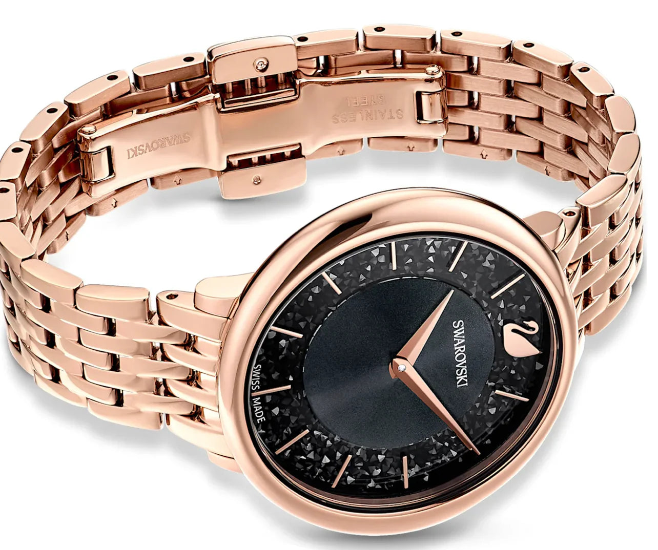 Angled view of Swarovski Crystalline Chic watch showing rose gold bracelet and black dial with crystal details