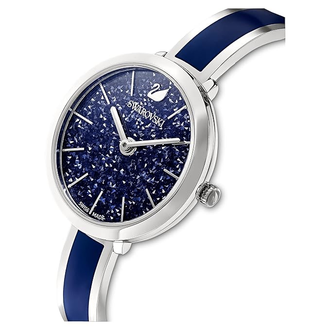 Swarovski Crystalline Delight watch at angle showing blue strap and crystalline dial