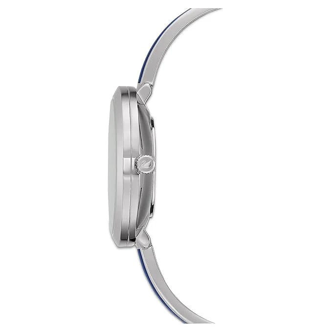 Side view of Swarovski Crystalline Delight watch showing case profile and blue strap