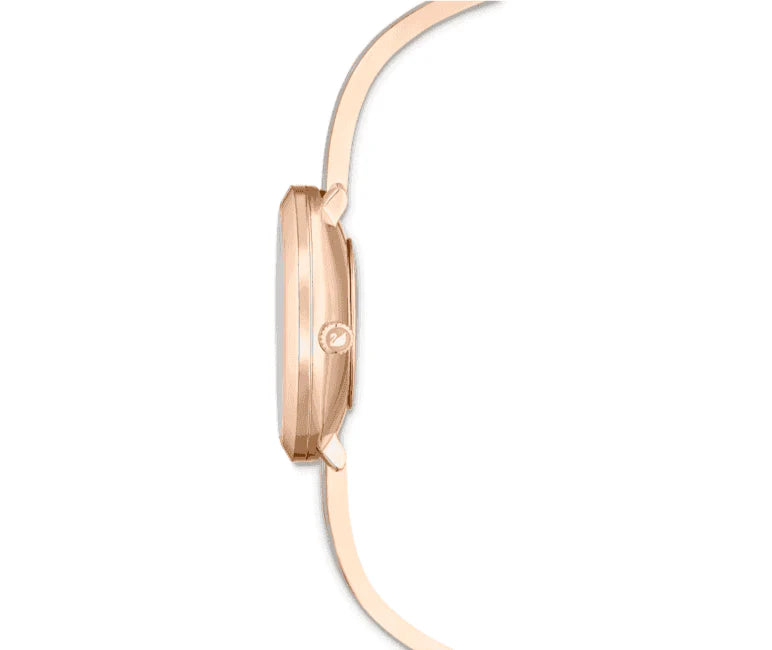 Side profile of rose gold Swarovski Crystalline Delight watch with thin case and strap