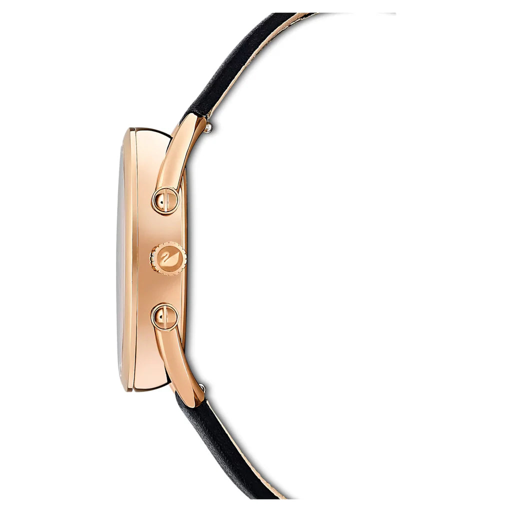Swarovski Crystalline Glam watch side profile showing rose gold case thickness and crown