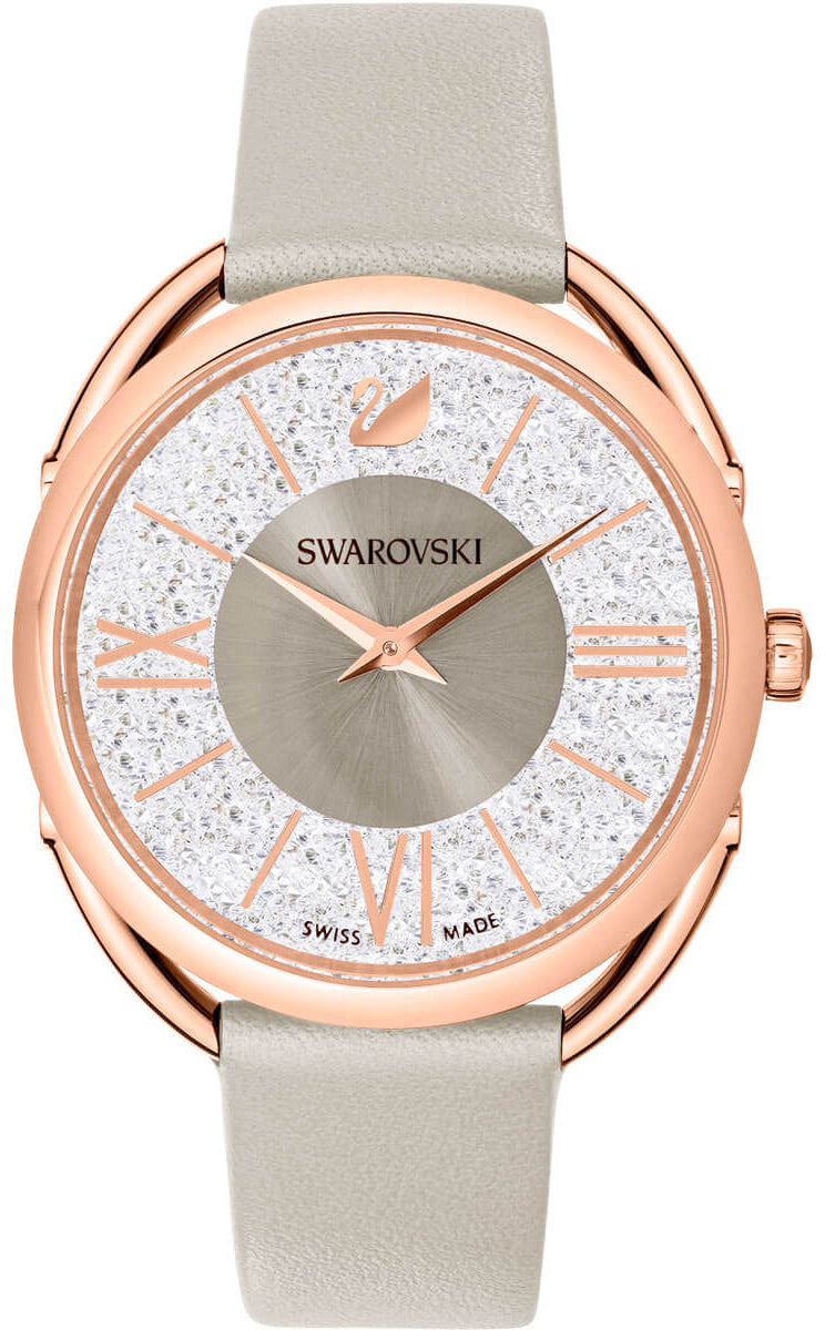Front view of Crystalline Glam watch showing crystal-encrusted bezel and silver sunburst dial