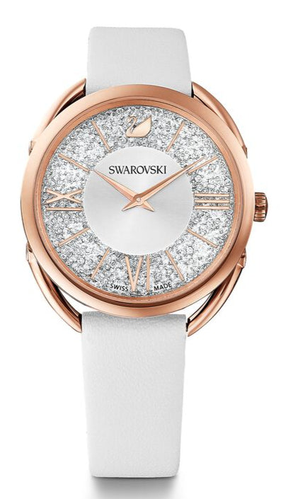 Swarovski Crystalline Glam rose gold ladies watch with crystal-set white dial and white leather strap