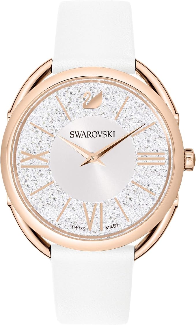 Close-up of rose gold Crystalline Glam dial with Roman numeral indices and Swarovski crystal embellishments