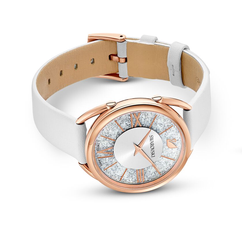 Overhead view of Swarovski Crystalline Glam watch displaying rose gold case and crystal dial detail