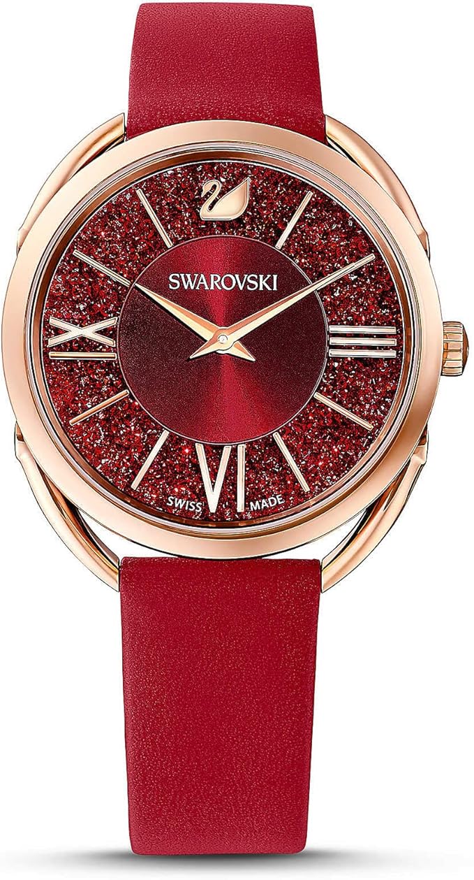 Swarovski Crystalline Glam watch with red crystal dial, rose gold case, and red leather strap