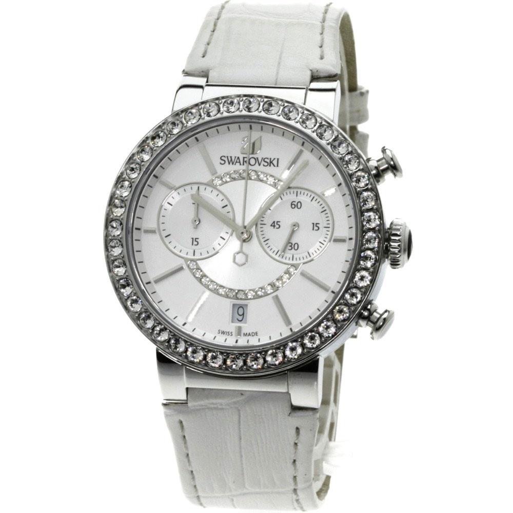 Swarovski Crystalline Oval chronograph with silver-tone case, white dial, and dual subdials