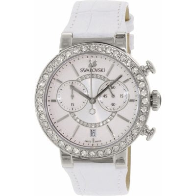 Front face of Swarovski Crystalline Oval watch with crystal bezel and chronograph subdials