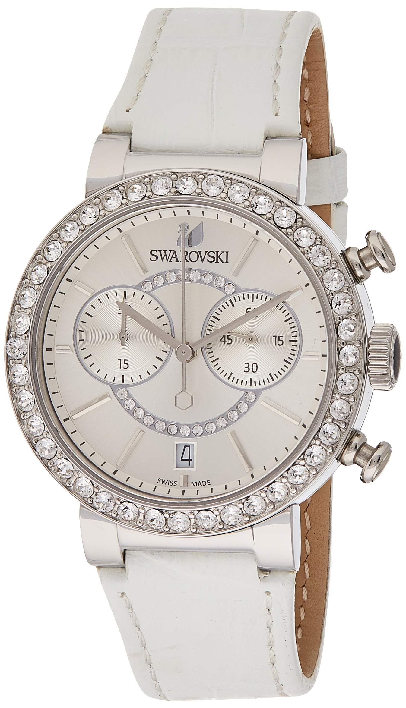 Side profile of Swarovski Crystalline Oval showing case thickness and white leather strap