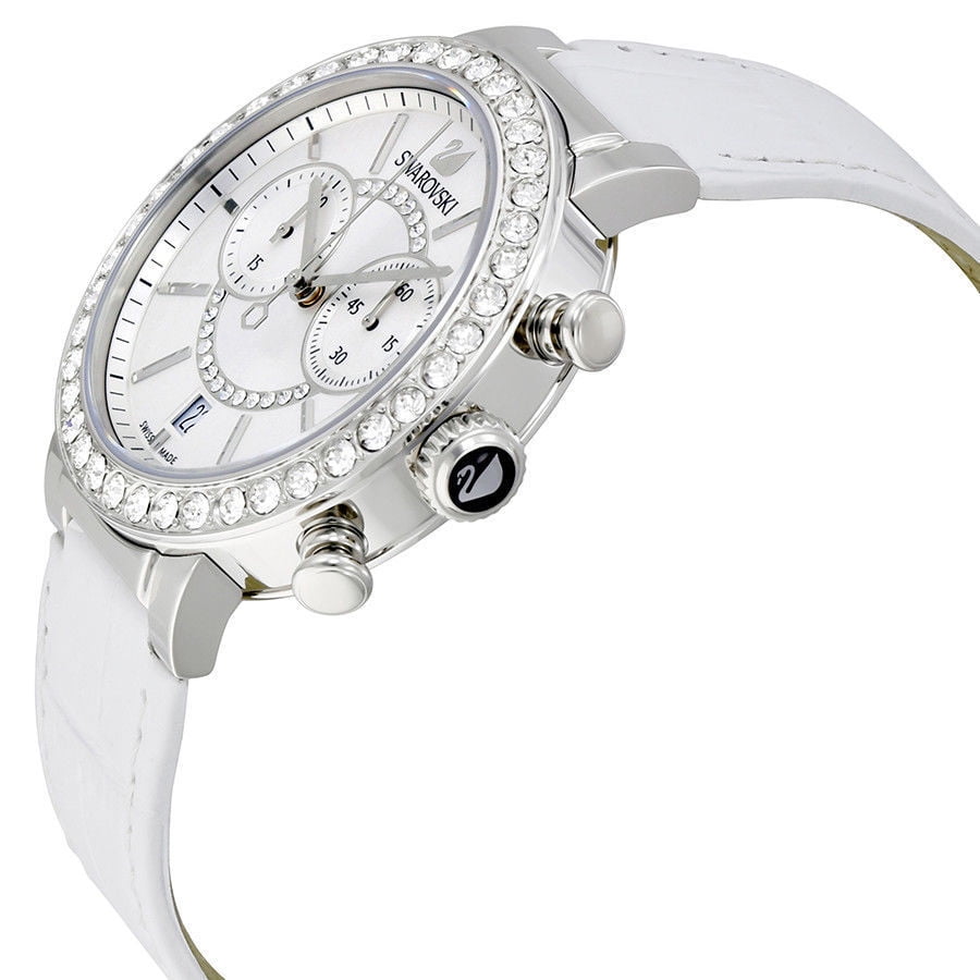Swarovski Crystalline Oval white chronograph watch worn on wrist with visible crystal bezel