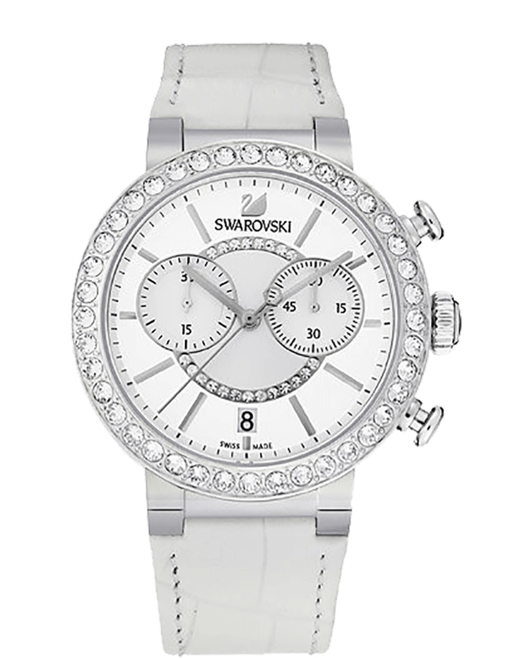 Swarovski Crystalline Oval white chronograph watch with crystal bezel and white leather strap