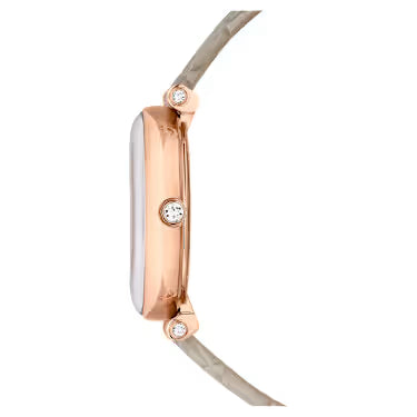 Side profile of Swarovski Crystalline Wonder watch showing case thickness and beige leather strap