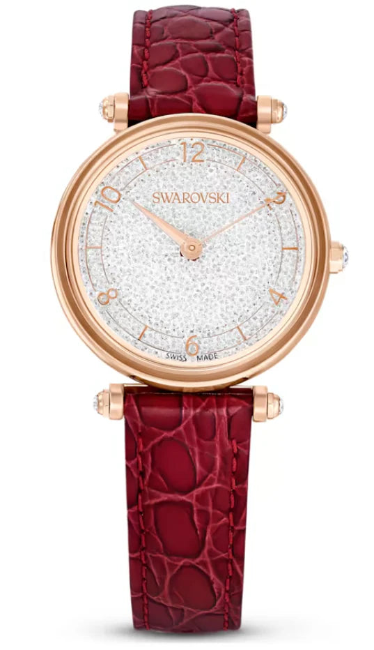 Swarovski Crystalline Wonder women's watch with silver dial, rose-gold case and red leather strap