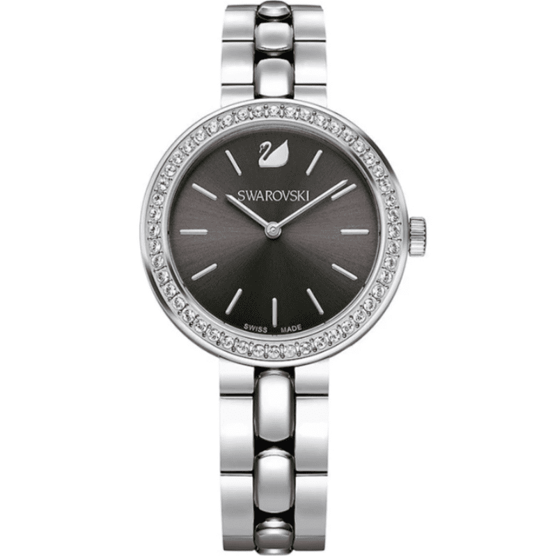 Swarovski Daytime women's watch with black dial and crystal-set bezel on silver stainless steel bracelet