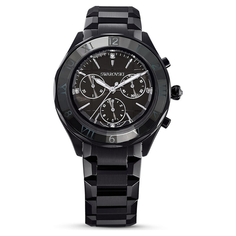 Swarovski Dextera chronograph watch with black dial and black steel strap, front view