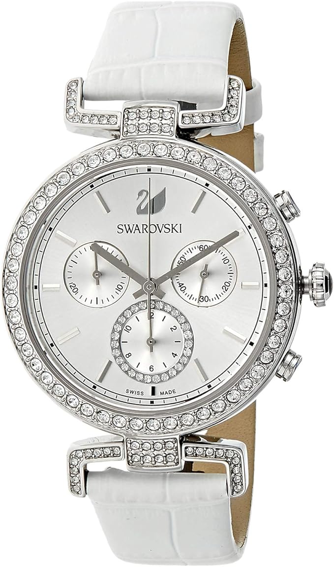 Swarovski Era Journey watch at angle showing silver chronograph dial with three subdials and crystal-set case