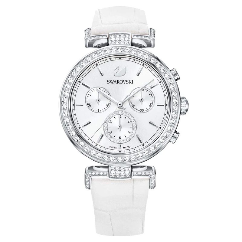 Swarovski Era Journey women's watch with silver dial, chronograph subdials, crystal bezel, and white leather strap