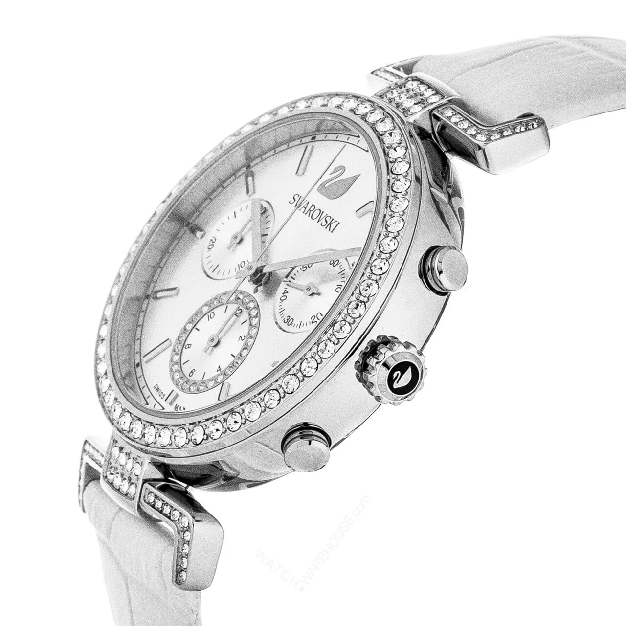 Side view of Swarovski Era Journey watch with crystal bezel, white leather strap, and chronograph pushers