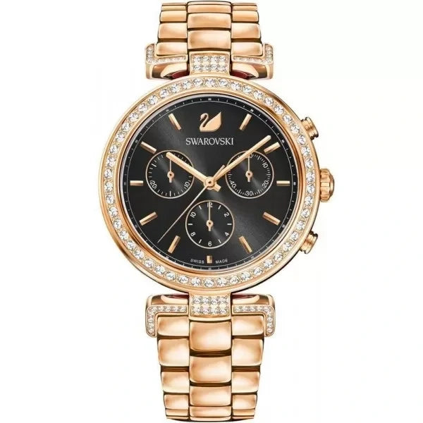 Swarovski Era Journey rose gold chronograph watch with black dial and crystal-set bezel