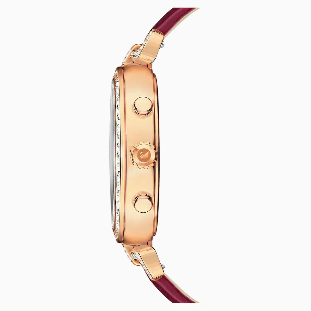 Side view of Swarovski Era Journey watch showing rose gold case profile and red leather strap