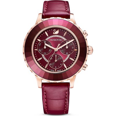 Swarovski gold women's watch with burgundy chronograph dial and burgundy leather strap