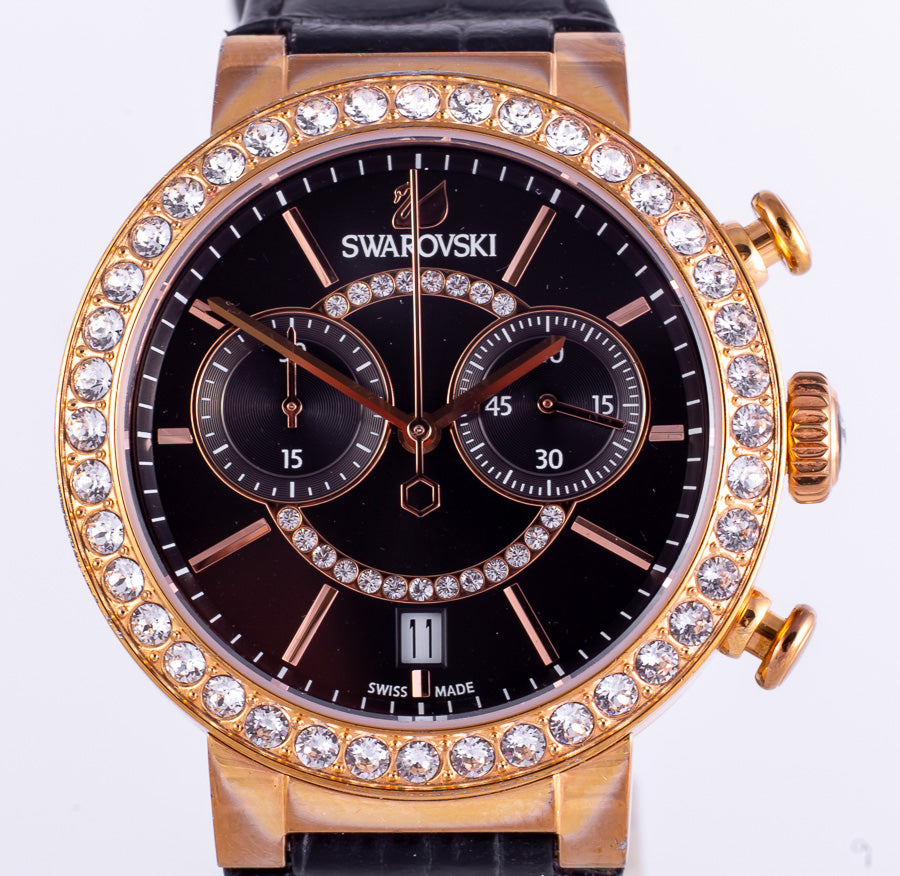 Front view of Swarovski Lovely Crystals chronograph with black dial and crystal bezel detail