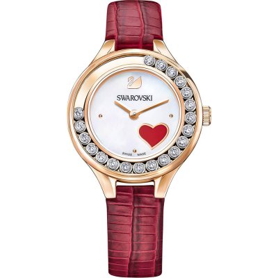 Swarovski Lovely Crystals Hart oval watch with white dial, red heart detail, and red leather strap