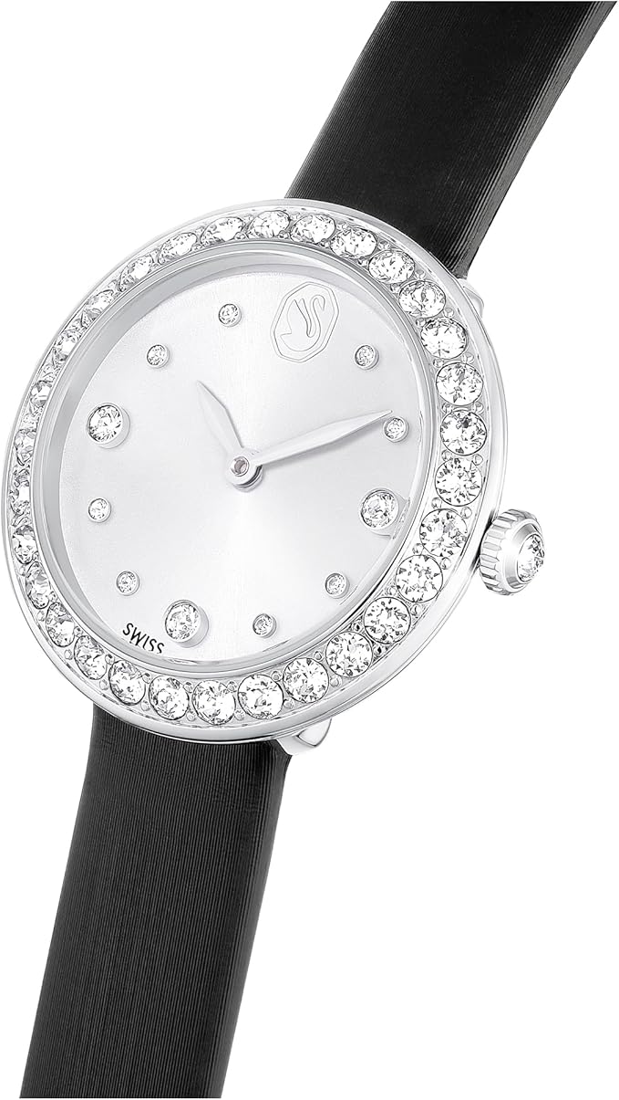 Angled view of Swarovski Matrix Tennis watch with crystallized bezel and black leather strap