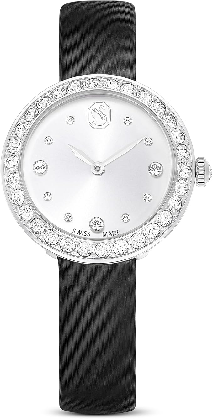 Swarovski Matrix Tennis women's watch with crystal bezel, white dial and black leather strap