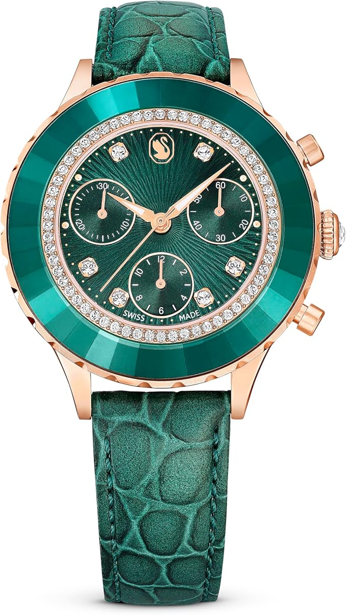 Swarovski Octea Chrono watch with green dial, faceted crystal bezel, and rose gold case