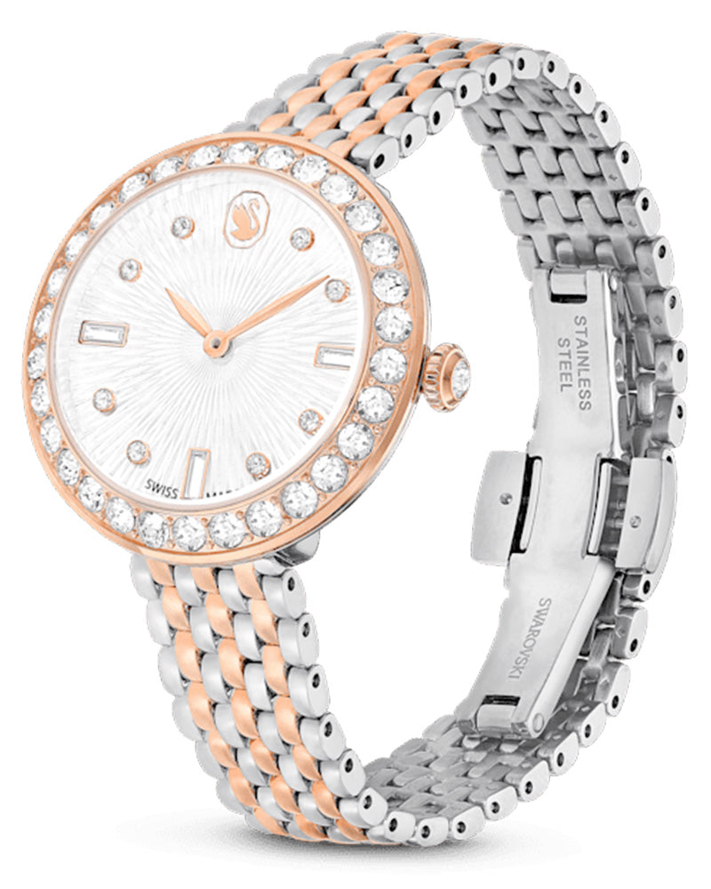 Swarovski Octea Chrono two-tone watch shown at angle with bracelet and clasp visible