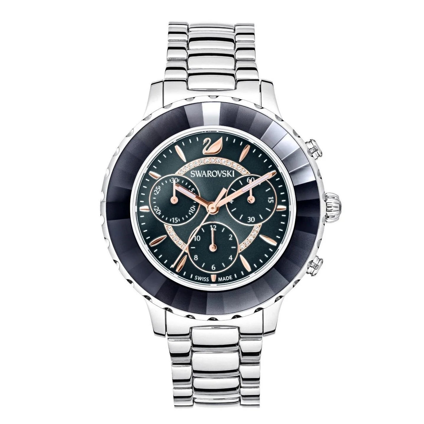 Swarovski Octea Lux Chrono silver women's watch with navy dial, chronograph subdials, and steel bracelet