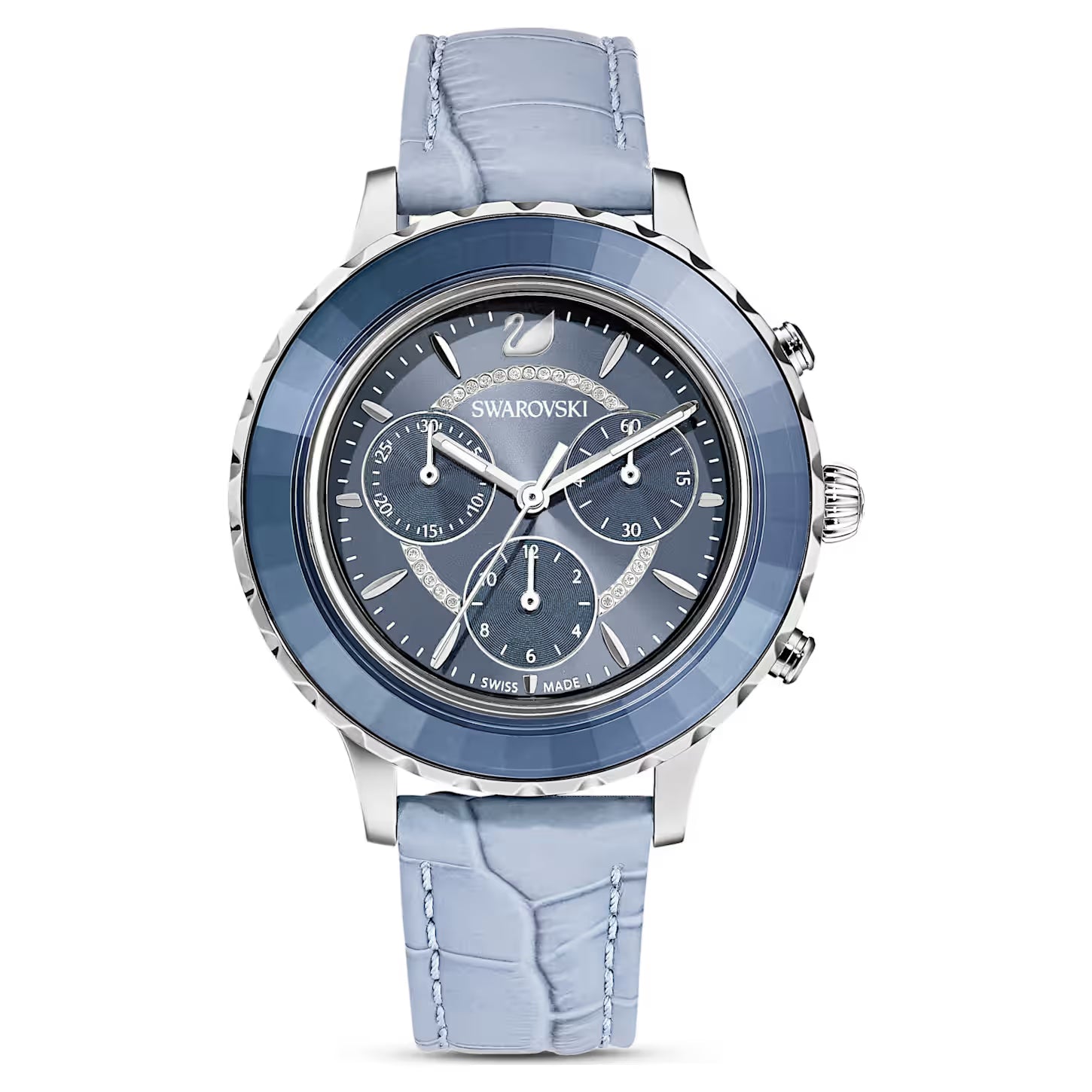 Swarovski Octea Lux Chrono chronograph watch with blue dial and light blue leather strap
