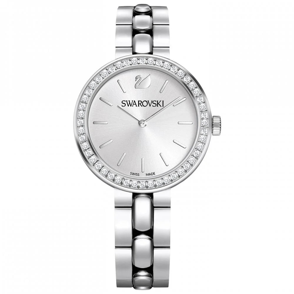 Swarovski Octea Sport watch with white dial, faceted crystal bezel, and stainless steel bracelet