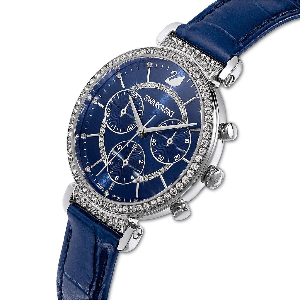 Angled view of Swarovski Passage Chrono chronograph watch with crystal bezel and blue leather strap