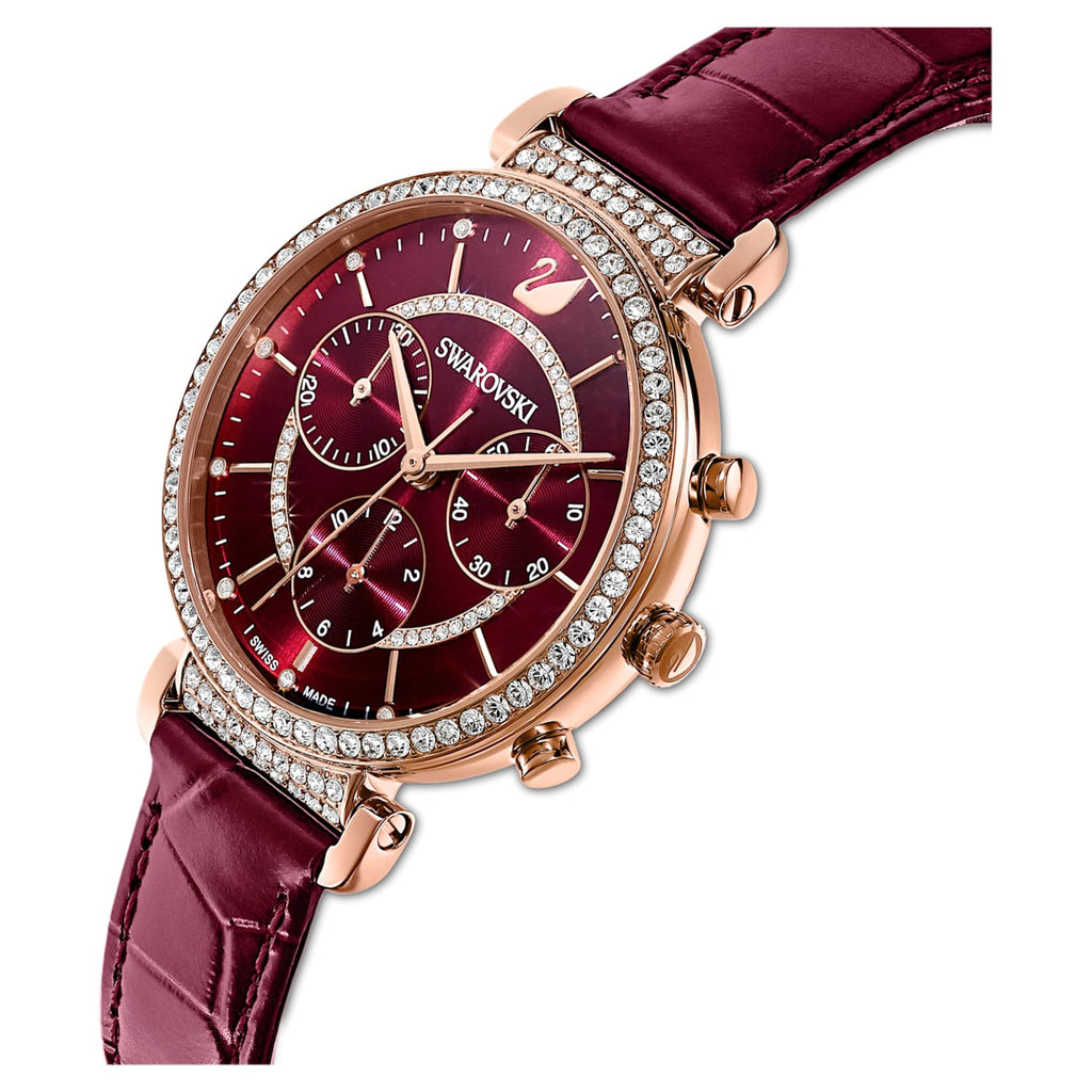 Swarovski Passage Chrono chronograph watch at angle showing crystal bezel and burgundy leather strap