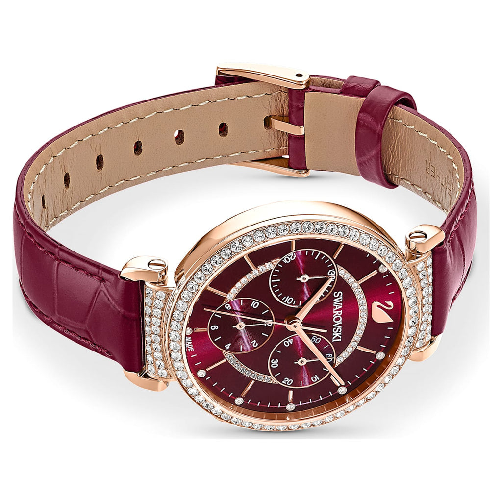 Swarovski Passage Chrono chronograph watch worn on wrist showing burgundy leather strap with buckle