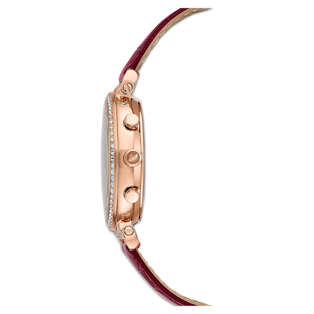 Side view of Swarovski Passage Chrono watch showing rose gold case profile and burgundy leather strap